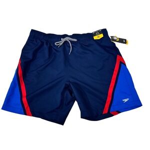 Speedo Mens XXL Swim Trunks Navy Blue Red Colorblock UPF 50+ 18" Outseam NWT